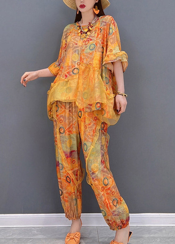 Orange Ruffled Asymmetrical Design Patchwork Tulle Tops and Pants Two Pieces Set Summer
