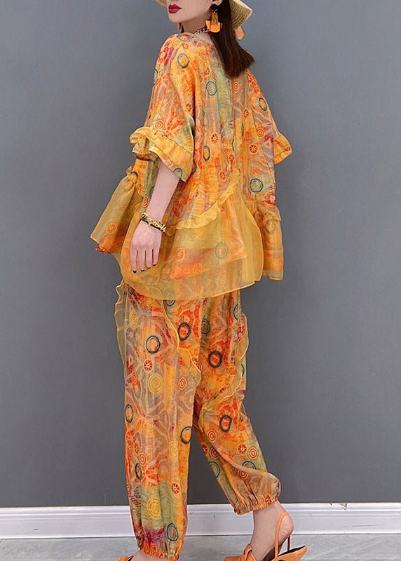 Orange Ruffled Asymmetrical Design Patchwork Tulle Tops and Pants Two Pieces Set Summer