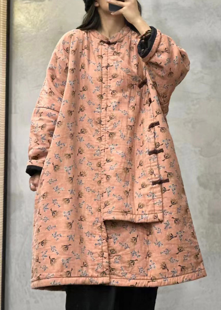 Orange Stand Collar Print Chinese Button Fine Cotton Filled Coats Winter