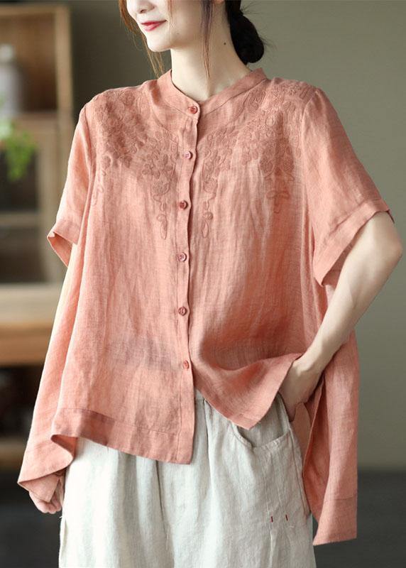 Black Polka Dots Summer Side Open Stand Collar Ramie Loose Short Sleeve
