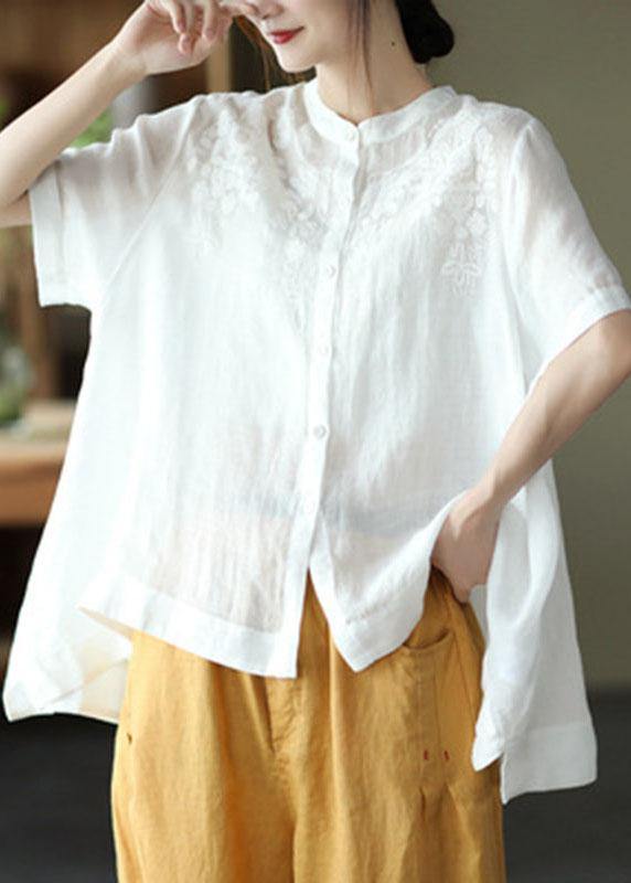 Black Polka Dots Summer Side Open Stand Collar Ramie Loose Short Sleeve