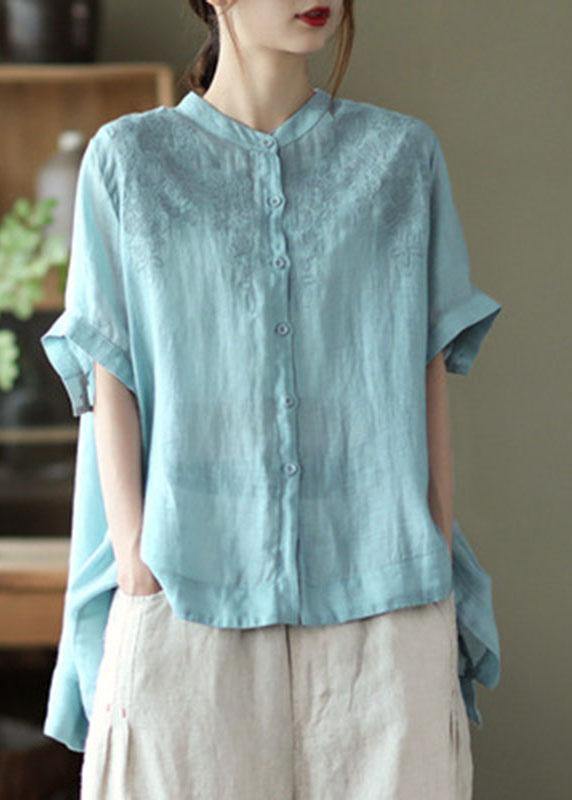 Black Polka Dots Summer Side Open Stand Collar Ramie Loose Short Sleeve