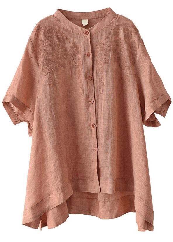 Black Geometry Summer Side Open Stand Collar Ramie Loose Short Sleeve
