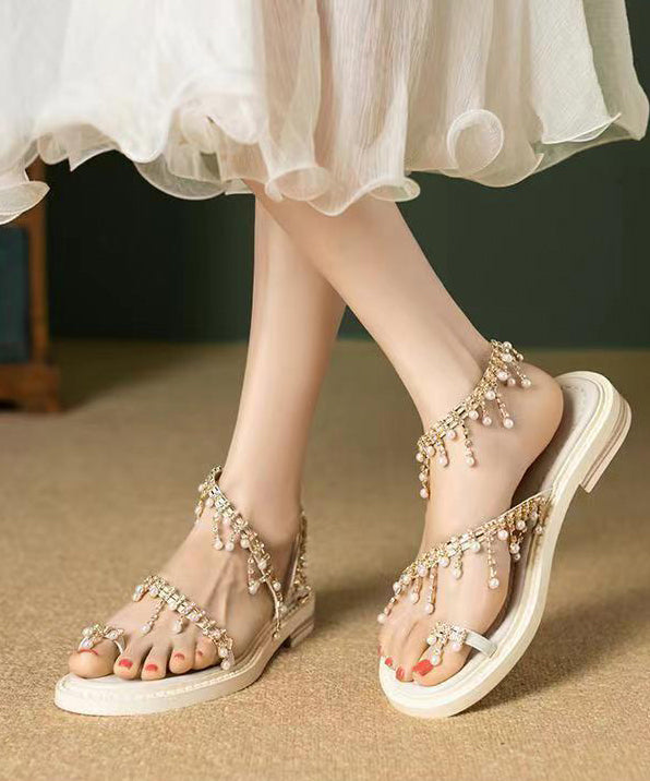 Original Brown Pearl Tassel Splicing Walking Sandals