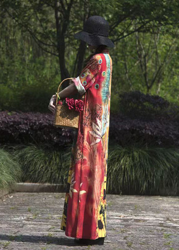 Original Stand Collar Print Linen Long Dresses Spring