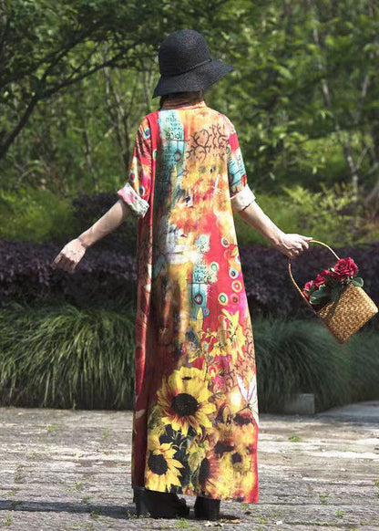 Original Stand Collar Print Linen Long Dresses Spring