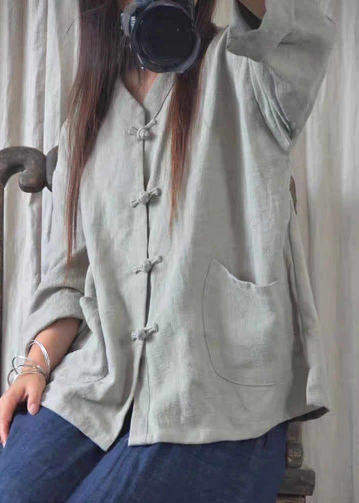 Oversized Chinese Button Pockets Linen Shirt Fall
