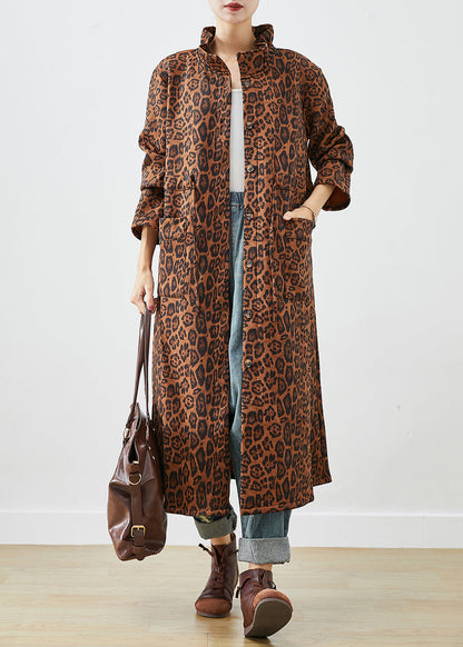 Oversized Leopard Print Cotton Trench Coats Fall