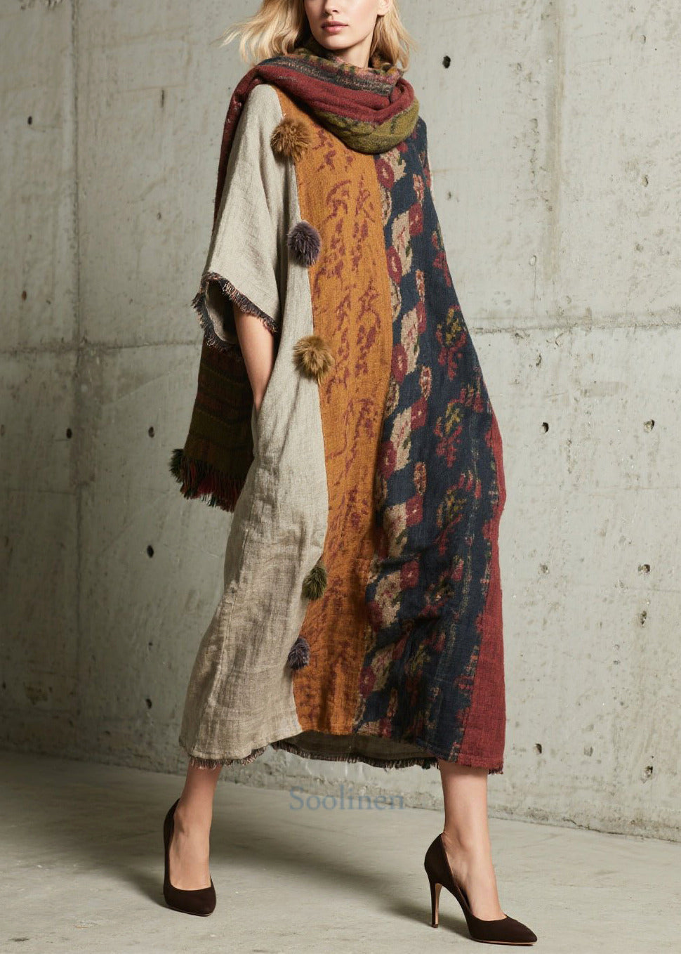 Oversized Patchwork Fuzzy Ball Decorated Dress Half Sleeve