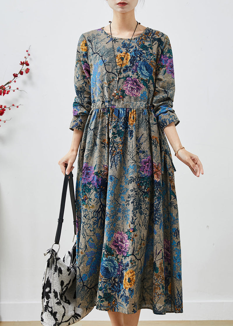 Peacock Blue Cinched Print Cotton Dress Spring