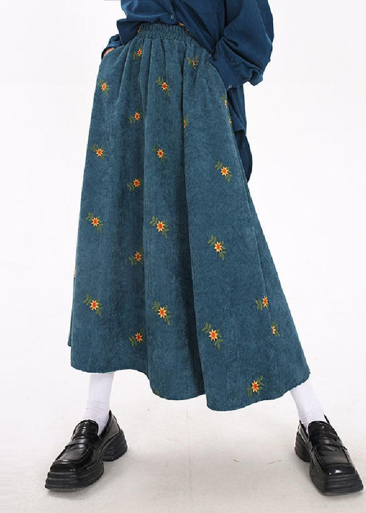 Peacock Blue Embroidered Corduroy Skirts Spring