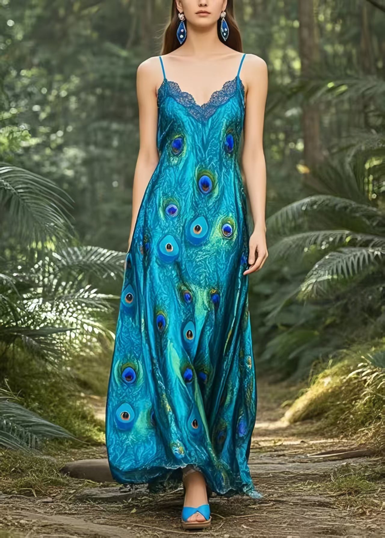 Peacock Blue Print Draping Silk Spaghetti Strap Dress Summer