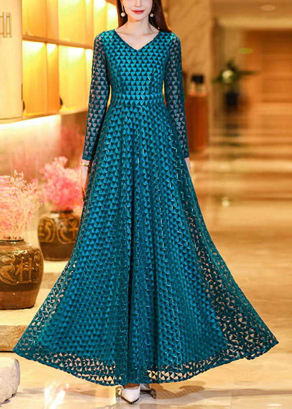 Peacock Blue Wrinkled Hollow Out Lace Long Dress Long Sleeve