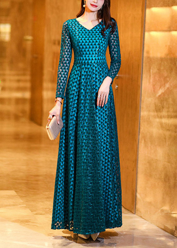 Peacock Blue Wrinkled Hollow Out Lace Long Dress Long Sleeve