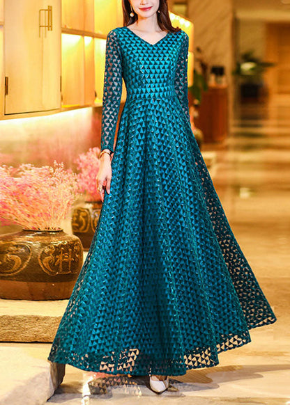 Peacock Blue Wrinkled Hollow Out Lace Long Dress Long Sleeve