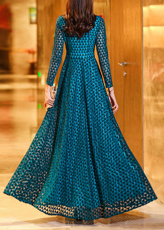 Peacock Blue Wrinkled Hollow Out Lace Long Dress Long Sleeve