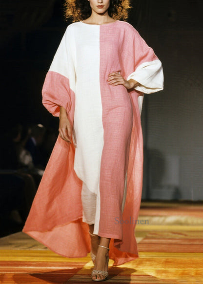 Pink Asymmetrical Patchwork Cotton Dresses Lantern Sleeve