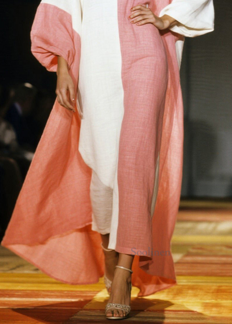 Pink Asymmetrical Patchwork Cotton Dresses Lantern Sleeve