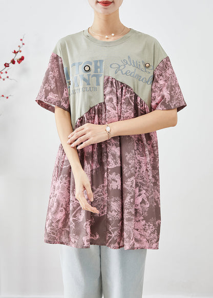 Pink Asymmetrical Patchwork Print Cotton Tanks Summer