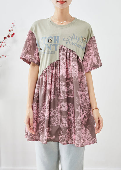 Pink Asymmetrical Patchwork Print Cotton Tanks Summer