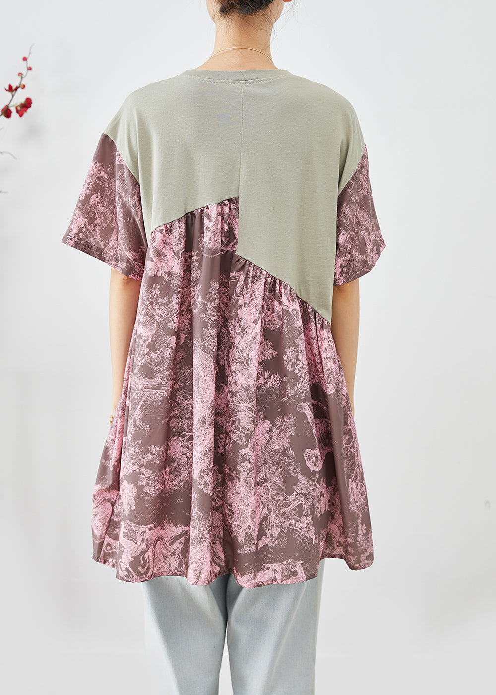Pink Asymmetrical Patchwork Print Cotton Tanks Summer