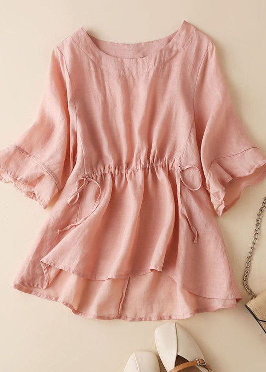 Pink Cinched Patchwork Linen Blouse Tops Half Sleeve
