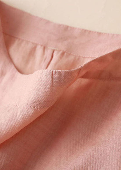Pink Cinched Patchwork Linen Blouse Tops Half Sleeve