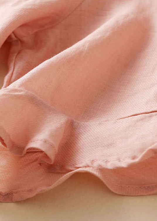 Pink Cinched Patchwork Linen Blouse Tops Half Sleeve