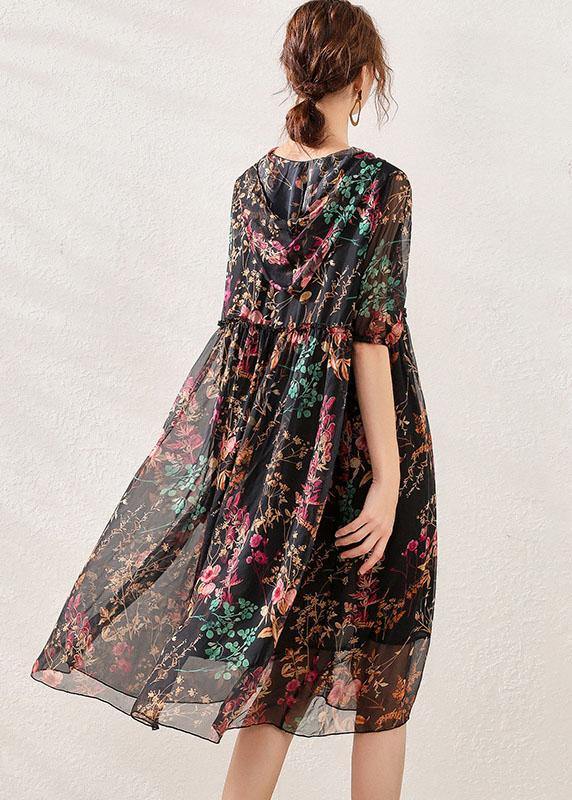 Pink Cinched Print Summer Chiffon Mid Dress Half Sleeve