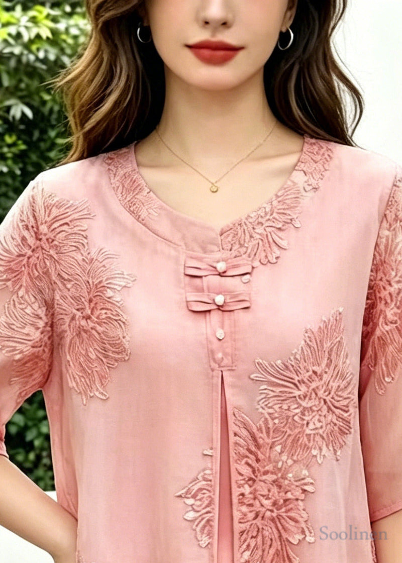 Pink Embroidered Chinese Button Silk Blouse Top Summer