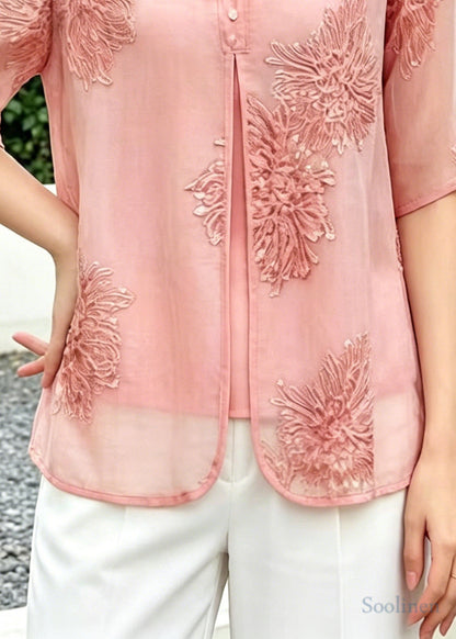 Pink Embroidered Chinese Button Silk Blouse Top Summer
