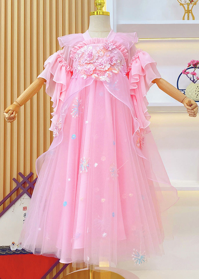 Pink Embroideried Ruffled Tulle Kids Long Dresses Summer