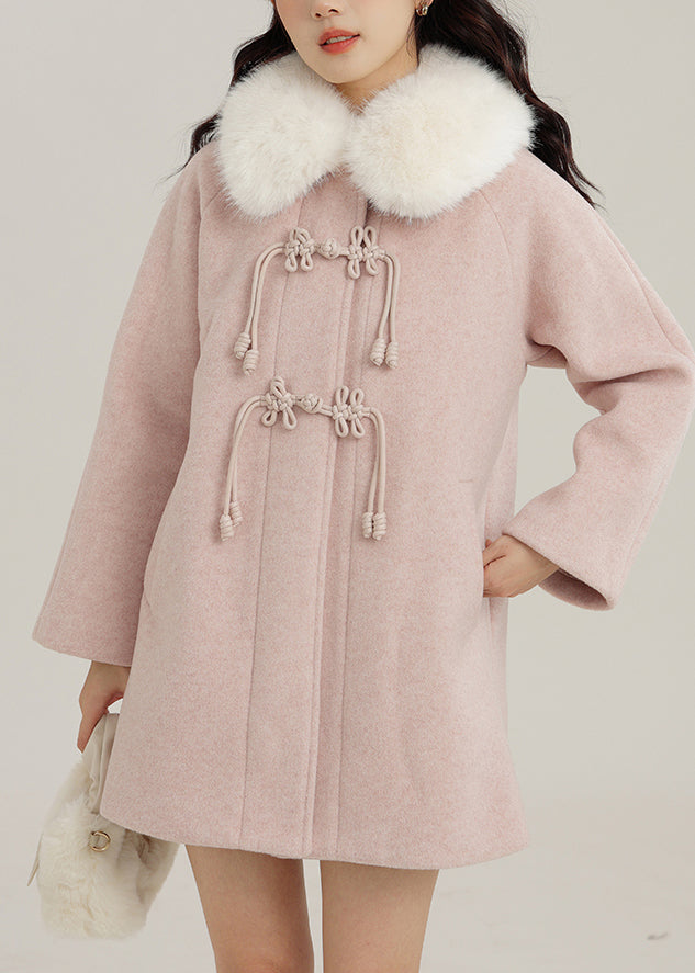 Pink Fur Collar Chinese Button Woolen Coats Winter