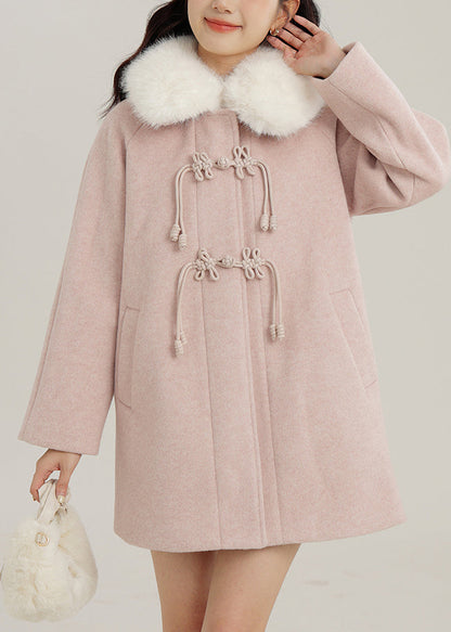 Pink Fur Collar Chinese Button Woolen Coats Winter