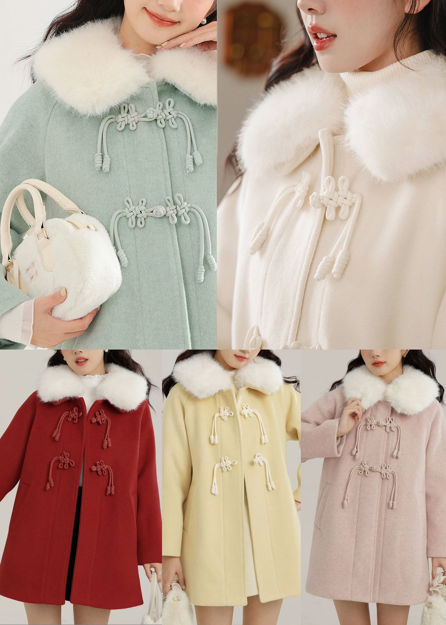 Pink Fur Collar Chinese Button Woolen Coats Winter