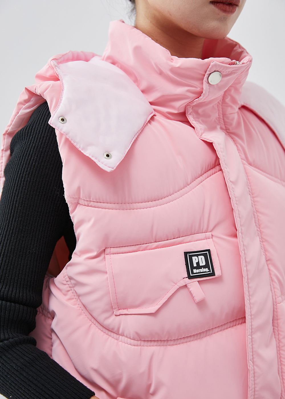 Pink Hooded Warm Fine Cotton Filled Puffers Vests Winter
