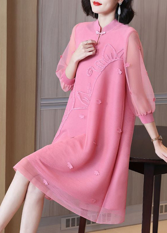 Pink Mandarin Collar Patchwork Maxi Dresses Summer