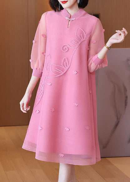 Pink Mandarin Collar Patchwork Maxi Dresses Summer