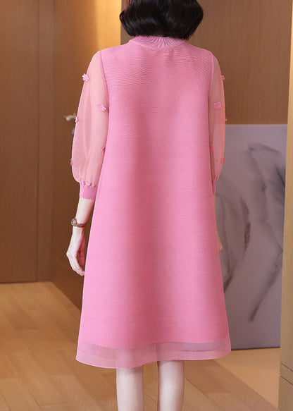 Pink Mandarin Collar Patchwork Maxi Dresses Summer