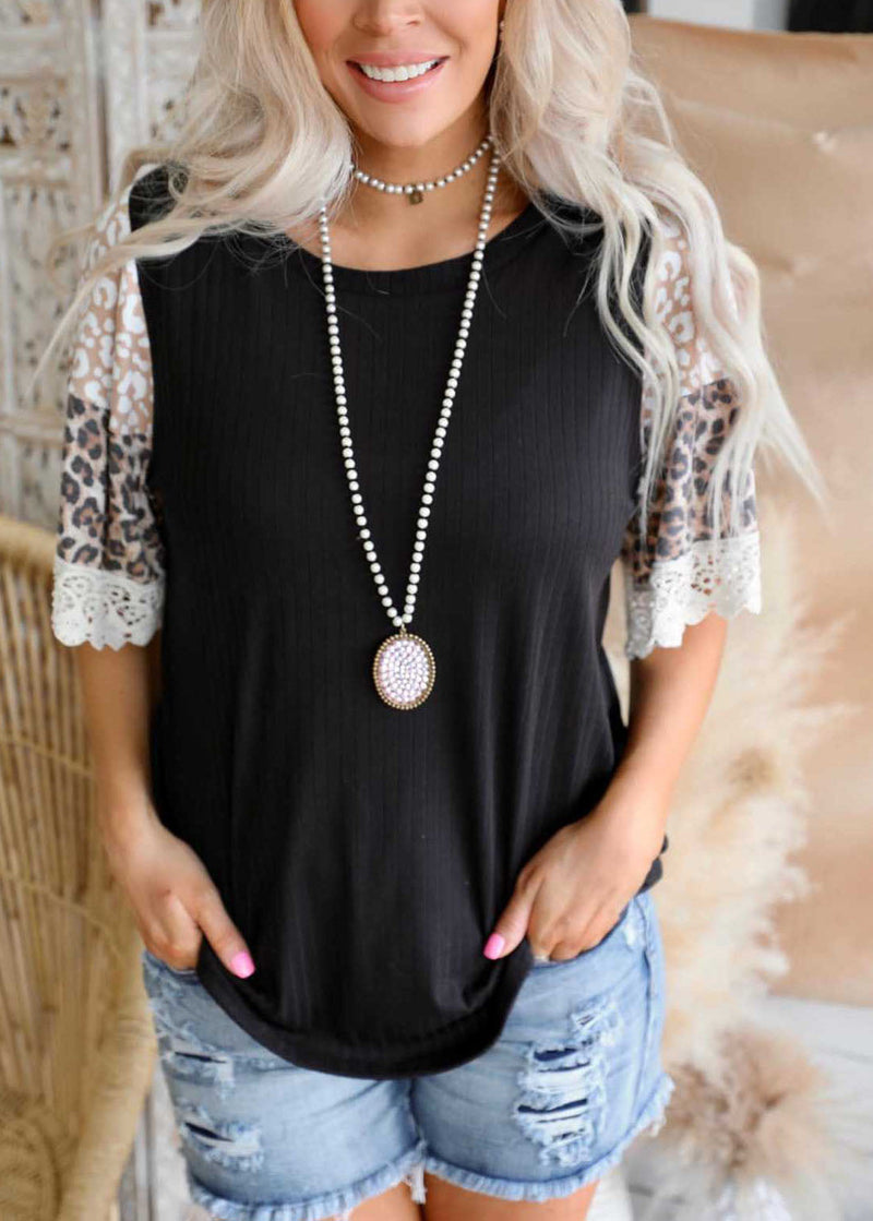 Pink O-neck Lace Patchwork Leopard Print Tank Top Short Sleeve