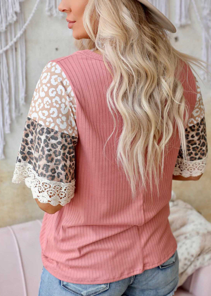 Pink O-neck Lace Patchwork Leopard Print Tank Top Short Sleeve