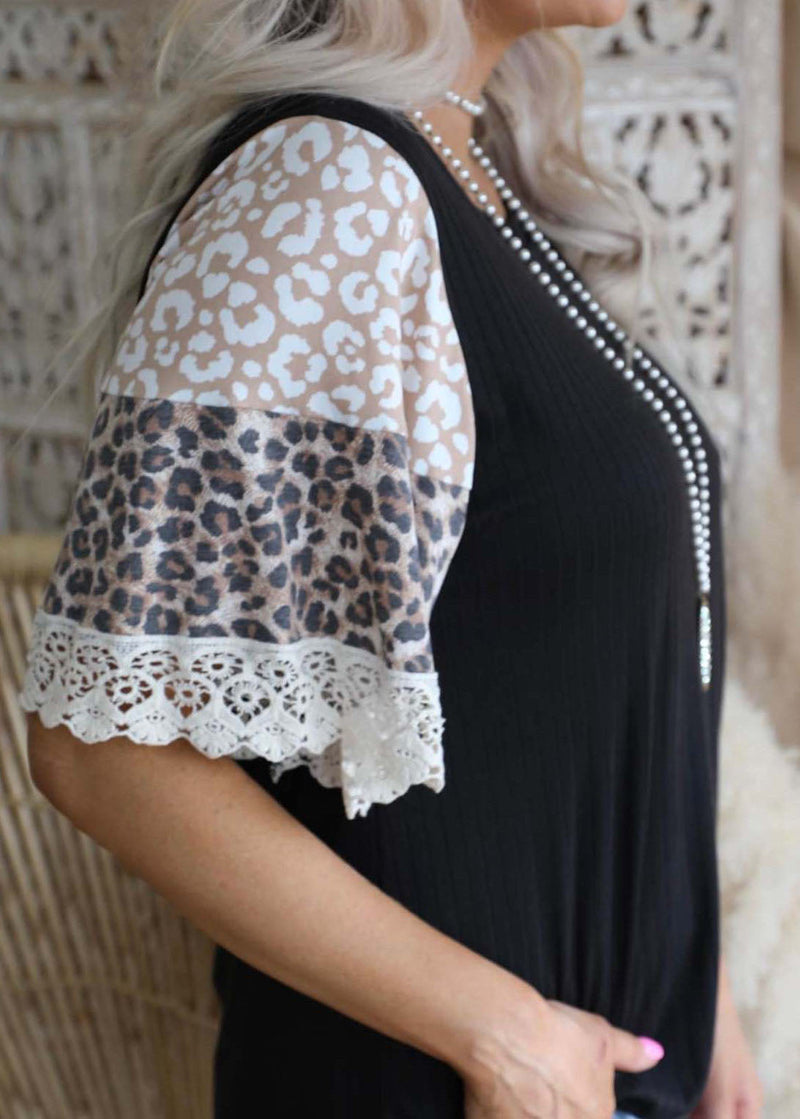 Pink O-neck Lace Patchwork Leopard Print Tank Top Short Sleeve