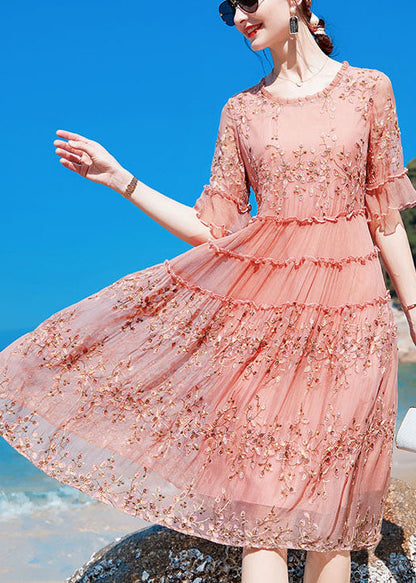 Pink O-neck Ruffled Print Silk Maxi Dresses Short Sleeve