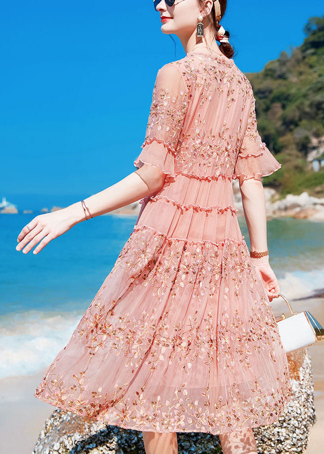 Pink O-neck Ruffled Print Silk Maxi Dresses Short Sleeve