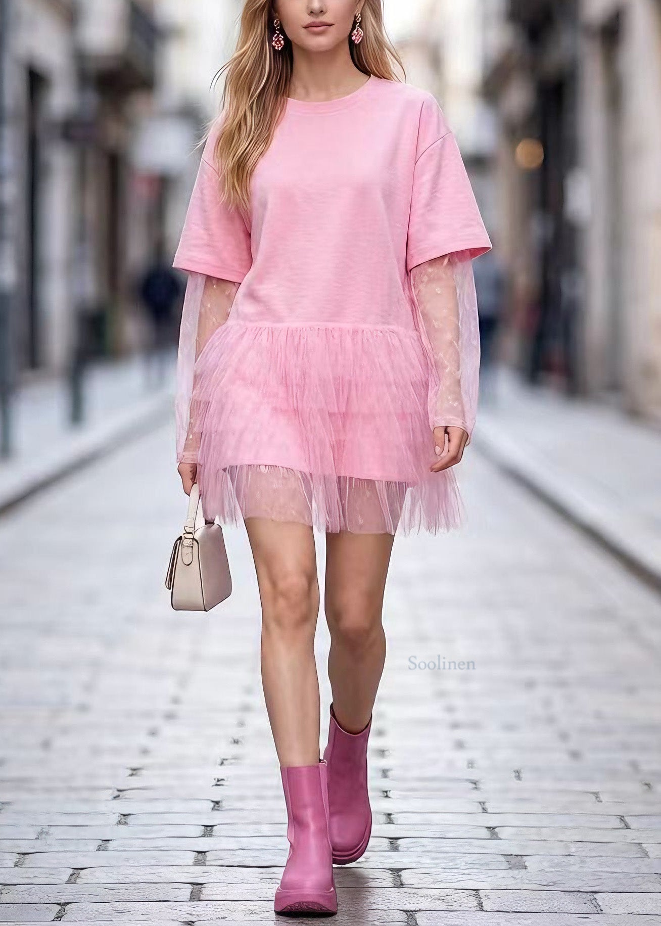 Pink O Neck Tulle Patchwork Cotton Short Dress Summer