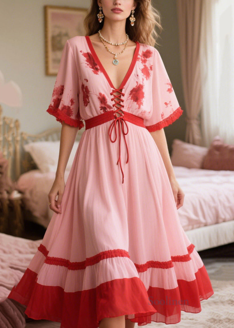 Pink Patchwork Cross Strap Chiffon Holiday Dress Summer