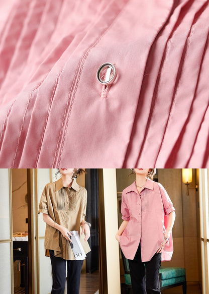 Pink Peter Pan Collar Wrinkled Patchwork Cotton Shirts Top Summer
