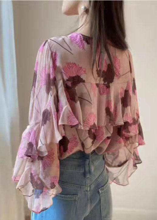 Pink Ruffled O-neck Print Patchwork Chiffon Shirt Long Sleeve