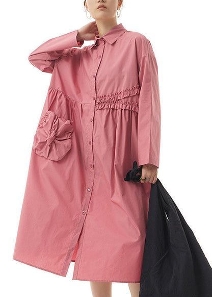 Pink Ruffled Patchwork Cotton Shirts Dresses Spring