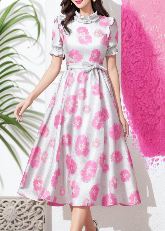 Pink Ruffled Tie Waist Silk Long Dresses Summer